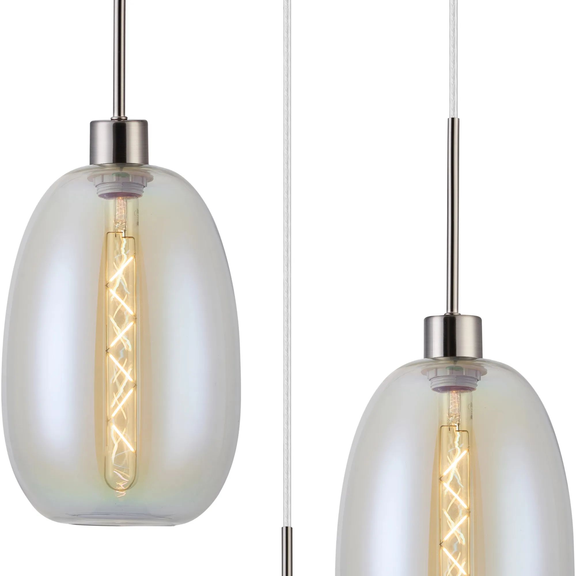 Lori 40cm Round Pendant, 3 Light Adjustable E27, Satin Nickel/Iridescent Slim Curved Trapezium Shades DK1362  Deco Lori Satin Nickel